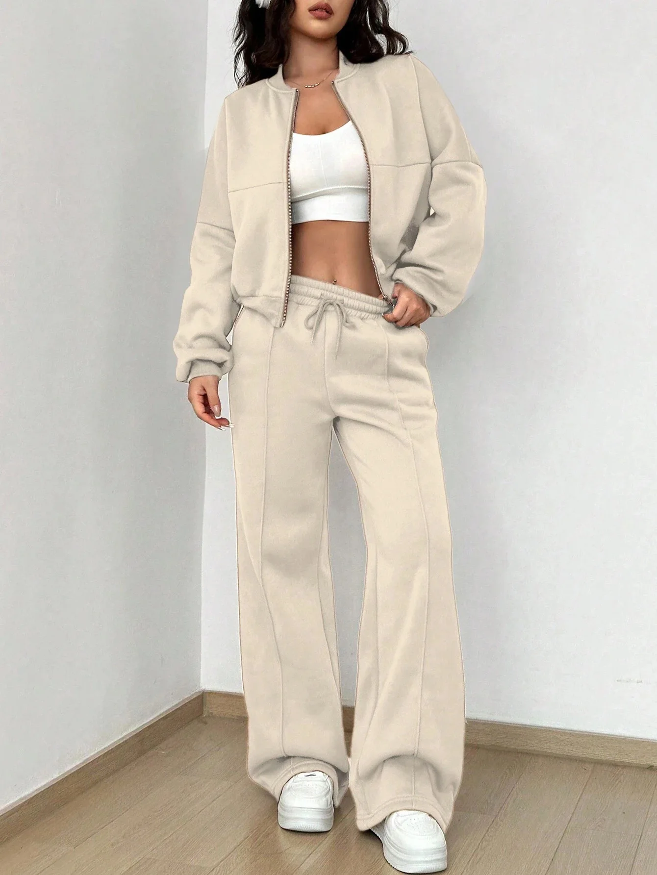 

Casual Solid Suit For Women Fashion Long Sleeved Zipper Jacket Elastic Waist Straight Pants 2 Piece Set 2024 Autumn Winter New
