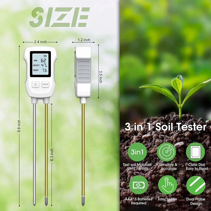 3 in 1 Soil Moisture Meter, Digital Plant Moisture Meter for Temperature/Soil Moisture/PH Meter, Soil Test Meter-FS view 2