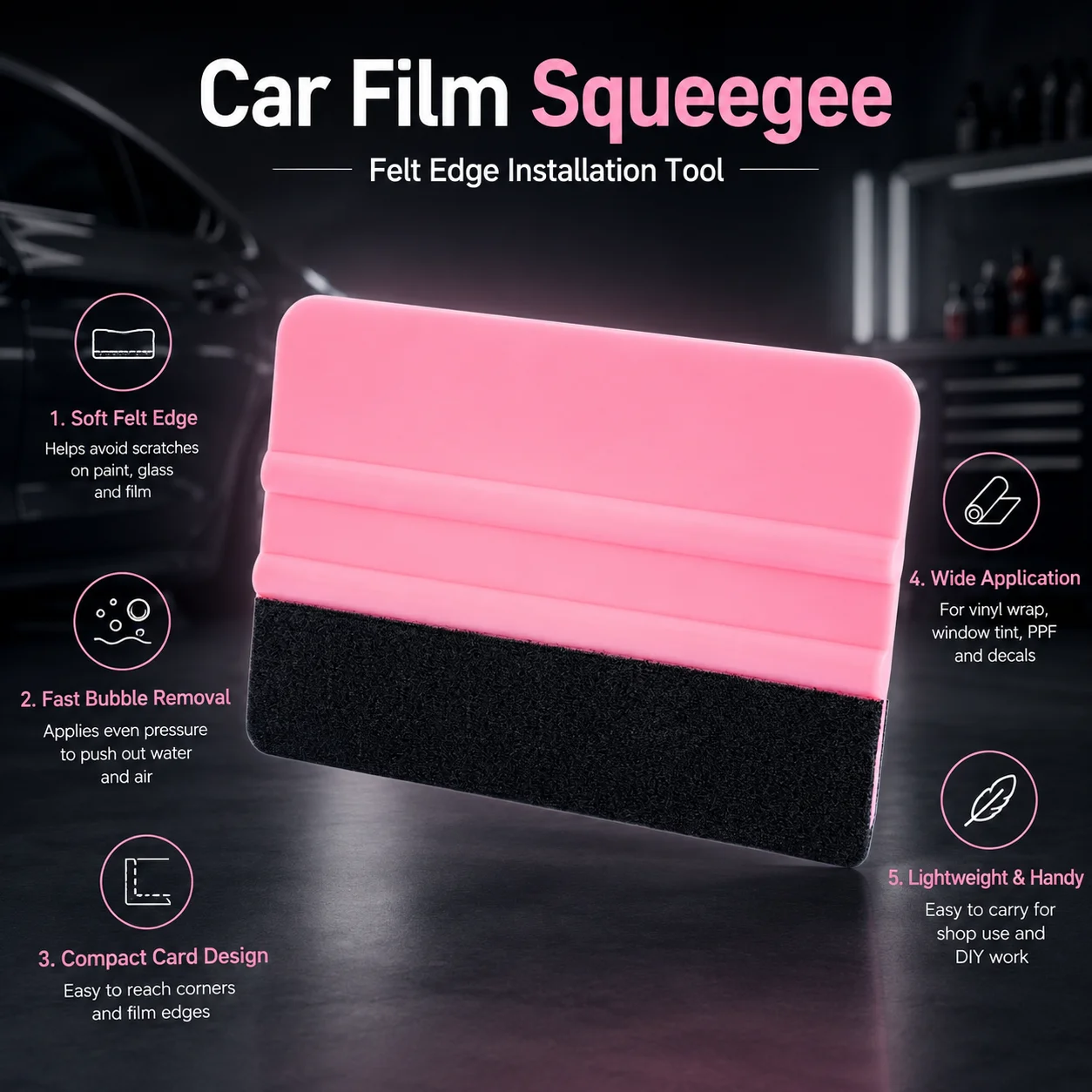 Pink Felt Edge Plastic Squeegee for Vinyl Wrap PPF Window Tint, Anti-Scratch Bubble and Water Removal Car Film Installation Tool