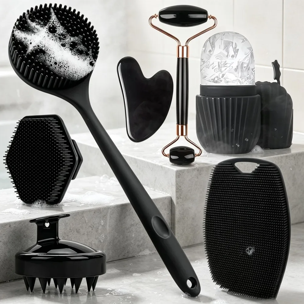 Shower Body Care Set Long Handle Silicone Back Brush Hair Scalp Massager Exfoliate Face Roller Gua Sha Massage Bathing Tools