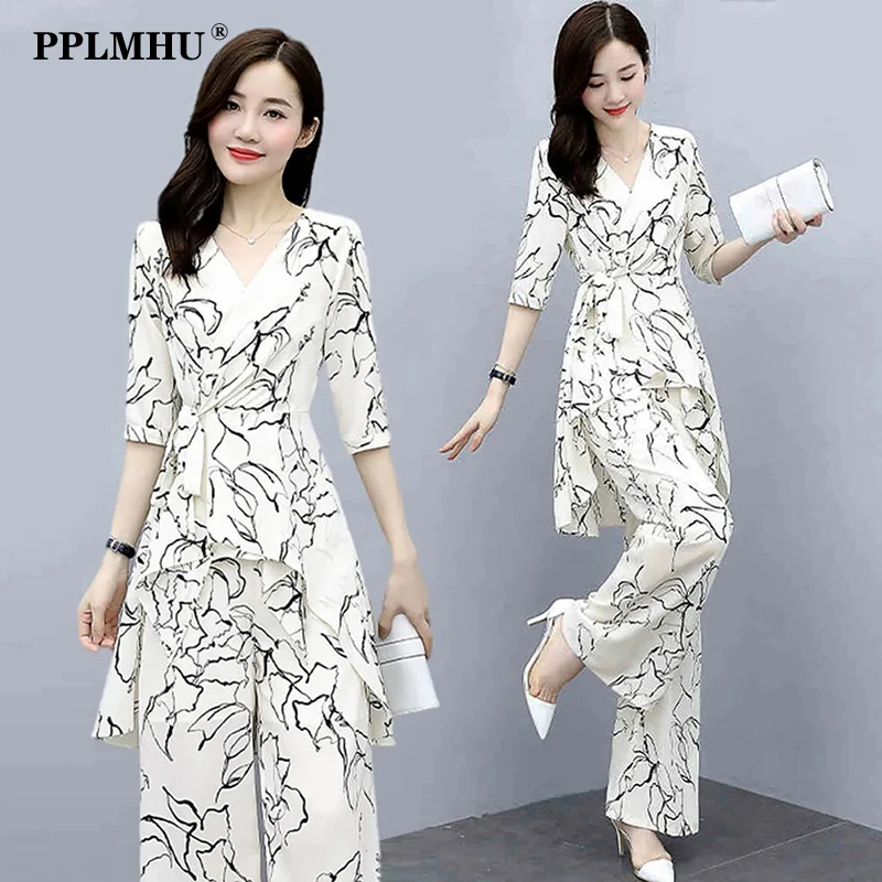 Elegant Print 2 Piece Set Women Outfits Summer Korean Fashion Irregular Blouse + Wide Leg Pant Suit Oversize 4Xl Ensemble Femme