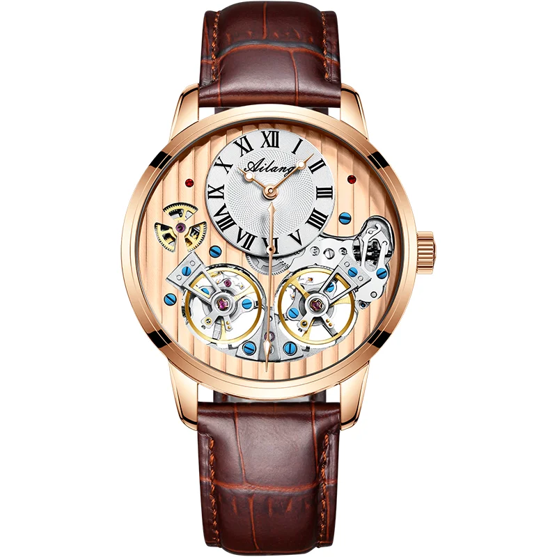 AILANG Brand New Fashion Double Tourbillon Watch for Men Luxury Stainless Steel Waterproof Automatic Mechanical Watches Mens