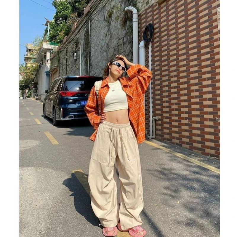 2025 summer American jazz dance women's striped pants Y2K Harajuku hanging loose work pants straight leg casual wide leg pants