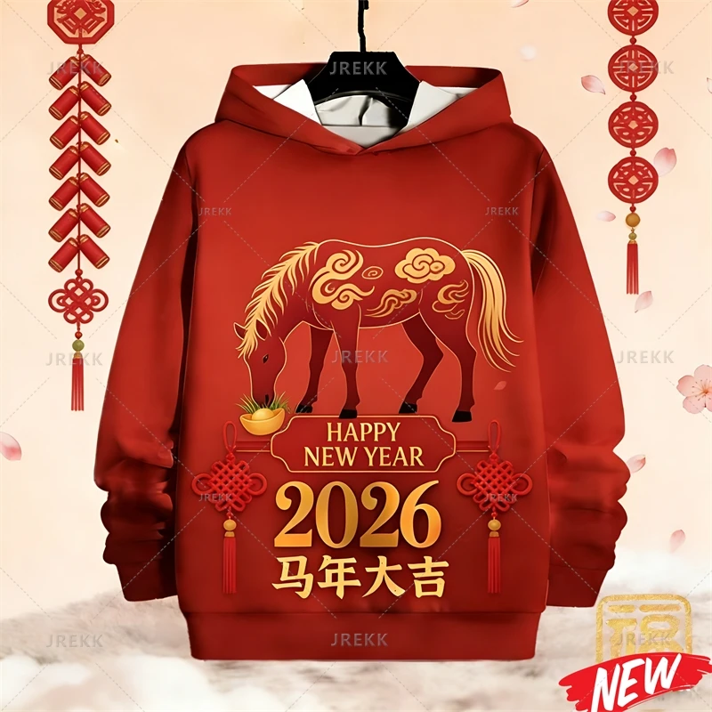 2026 الحصان العام هوديي الرجال رائجة البيع اللون الأحمر الحيوان الحصان نمط كم طويل البلوز القمم سنة جديدة سعيدة البلوز هوديس #4
