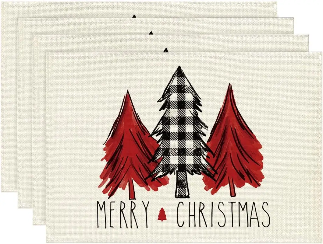 Pink Christmas Placemats for Dining Table Xmas Tree Ornament 12 X 18 Inch Winter Holiday Rustic Washable Table Mats Set of 4