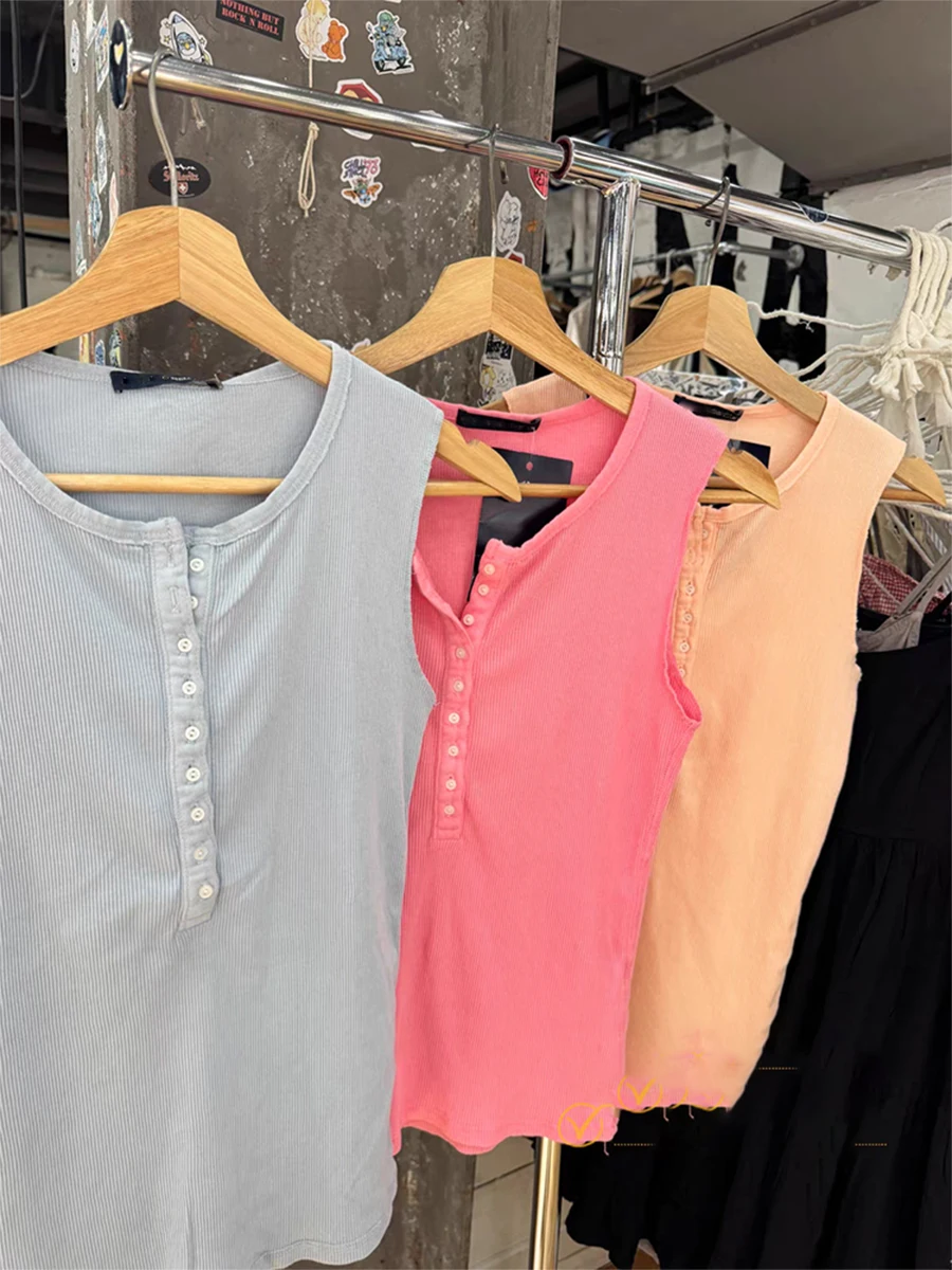 Peachy Pink Ribbed Sleeveless Tank Tops Woman Summer Nine Buttons O-neck Cotton Vest Sweet Preppy Style Cute Slim Y2k Camisole