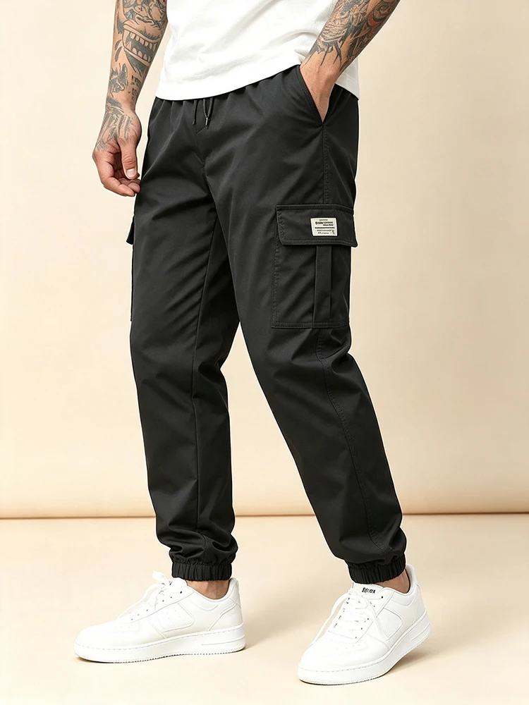 Vintage Multi-pockets Cargo Pants Mens Trendy Drawstring Trousers Autumn Casual Solid Color Slim Fit Jogger Pants