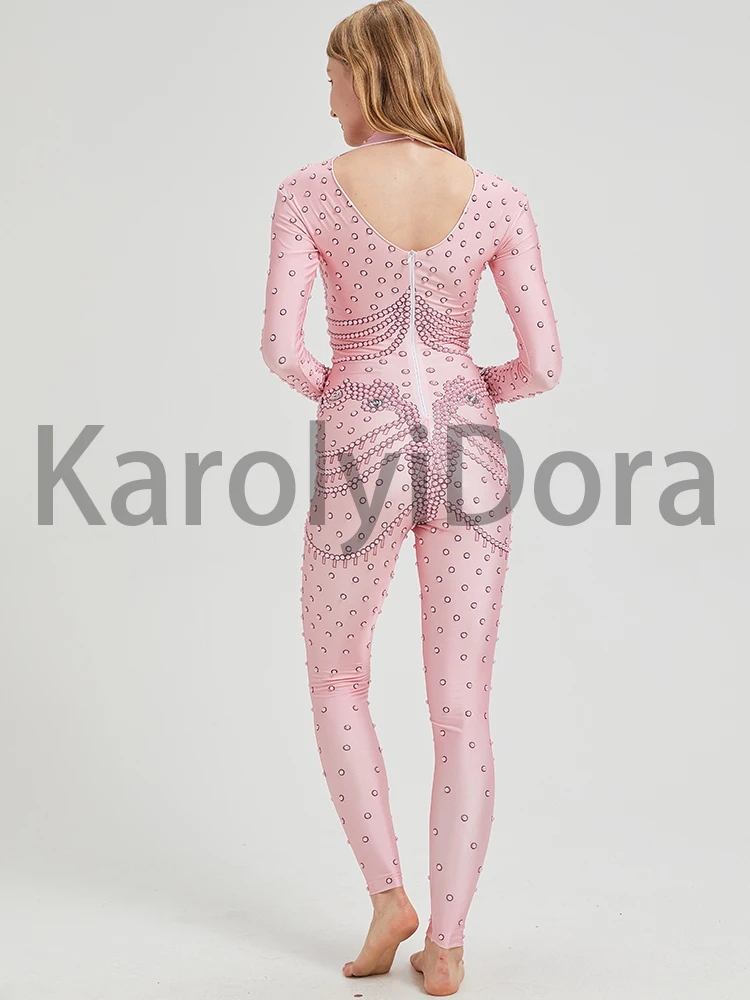 2024 Pink Crystals Jumpsuit Bling Glass Diamond Skinny Elastic Bodysuit Bar Female Singer Stage Costume Birthday Party Wear