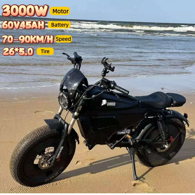 Black Warrior Motorcycle 3000W60V45AH Adult All-Terrain Mountain Electric Bike with LED Light 20 Inch Off-Road Fat Tire E-Bike image 3