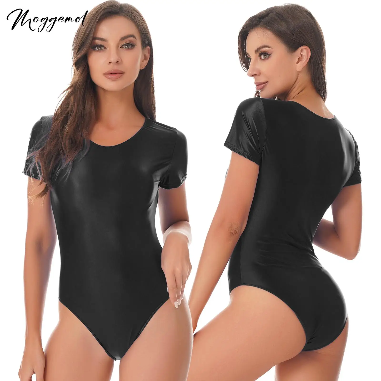 

Womens Glossy Solid Color Short Sleeve Leotard Swimsuit Round Neck mesh sheer High Cut Bodysuit Transparent Swimwear Sportswear