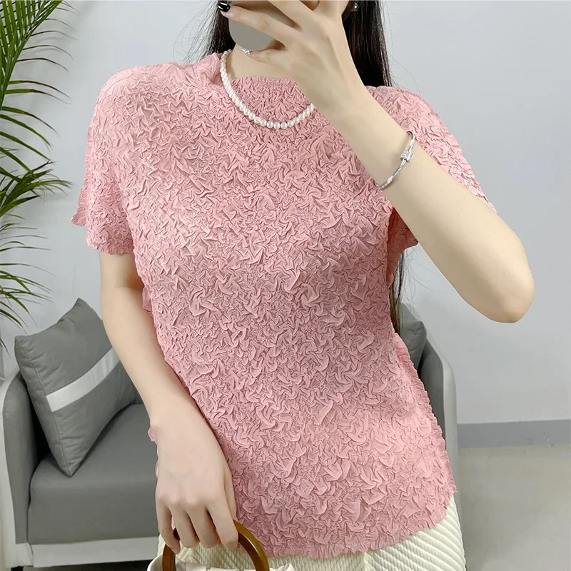 

2024 New Summer Miyake Pleated Thin Stand-up Collar Shiny T-shirt Women's Tops High-end Design Starry Sky Women's Clothing