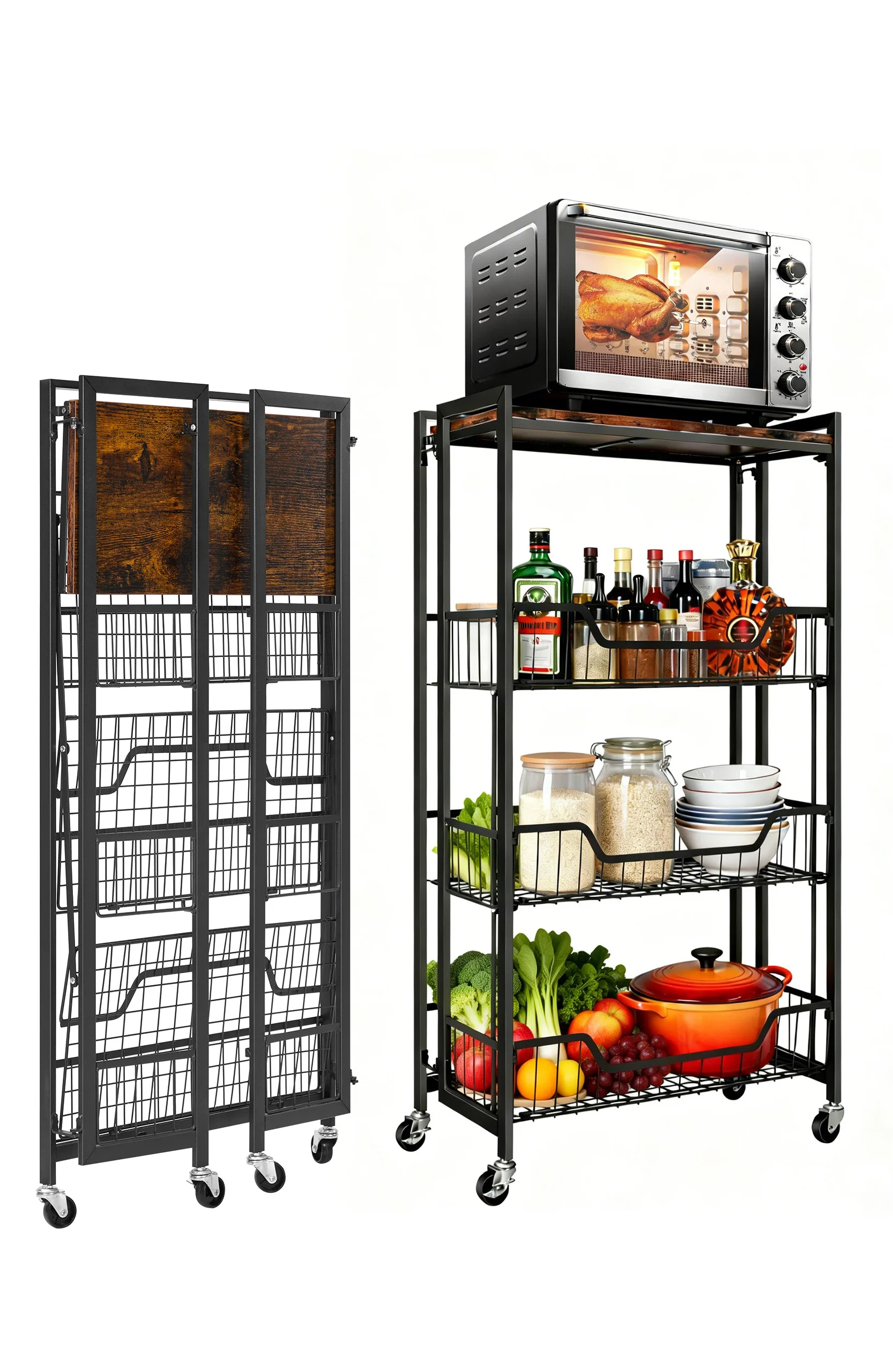 Expandable 4-Tier Wooden Folding Kitchen Storage Rack – Heavy Duty Mobile Utility Shelf with Lockable Wheels, Removable Shelves, Pre-Assembled Space-Saving Organizer Cart for Pantry, Garage, Bathroom