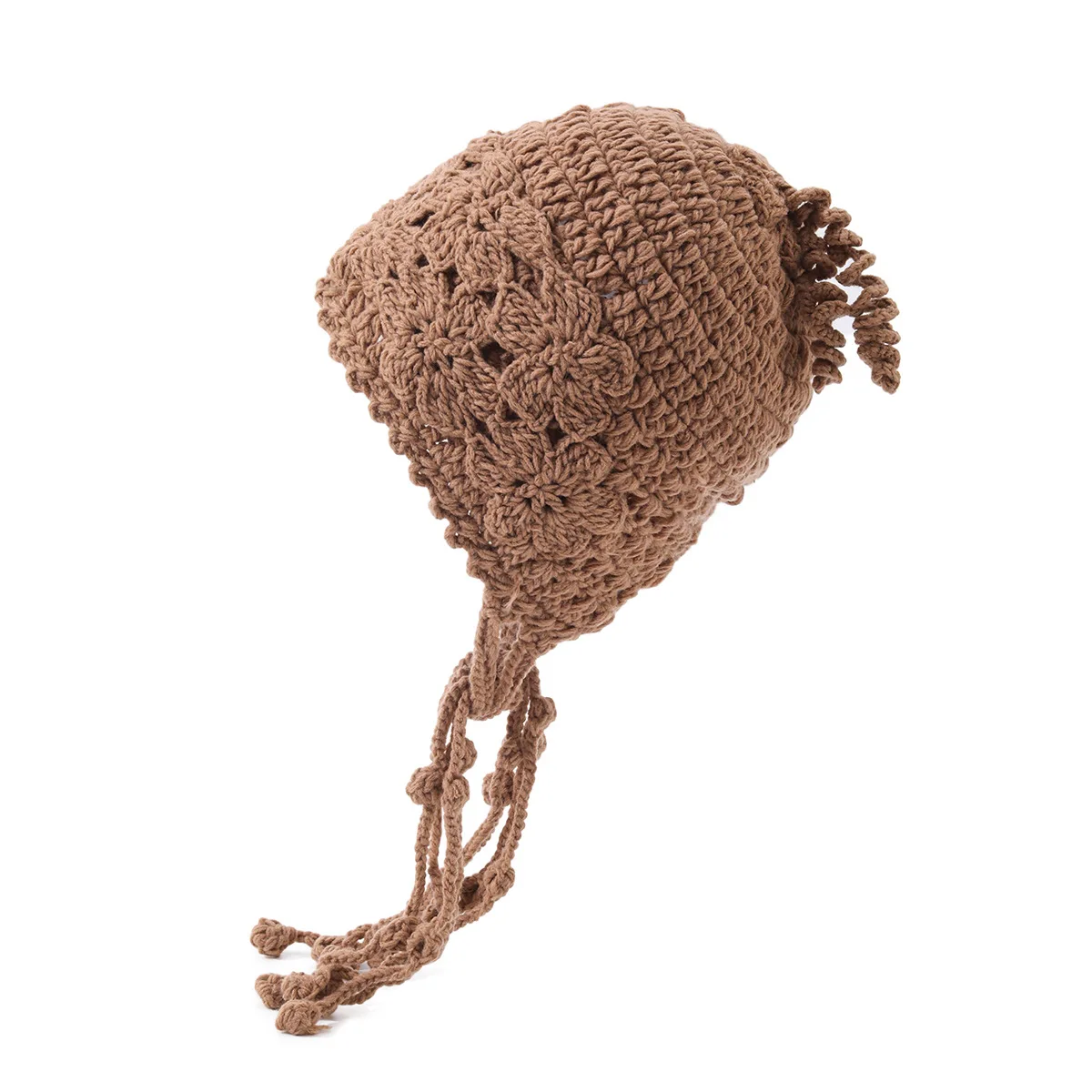 Retro hollowed-out flower-shaped ear cover knitted hat with long tassels, stringed braided fringe, artistic style headband hat