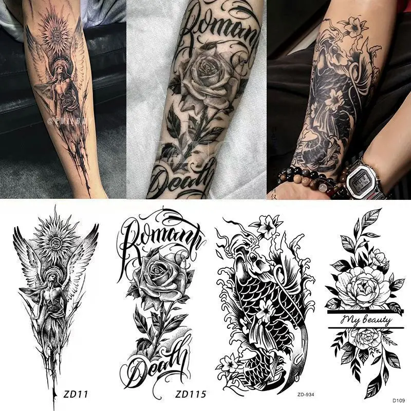 Autocollants de tatouage temporaire à base de plantes motif Fleur-Angel, semi-imperméables, anti-frottement, style européen et américain, tendance tatouage de bras imposant