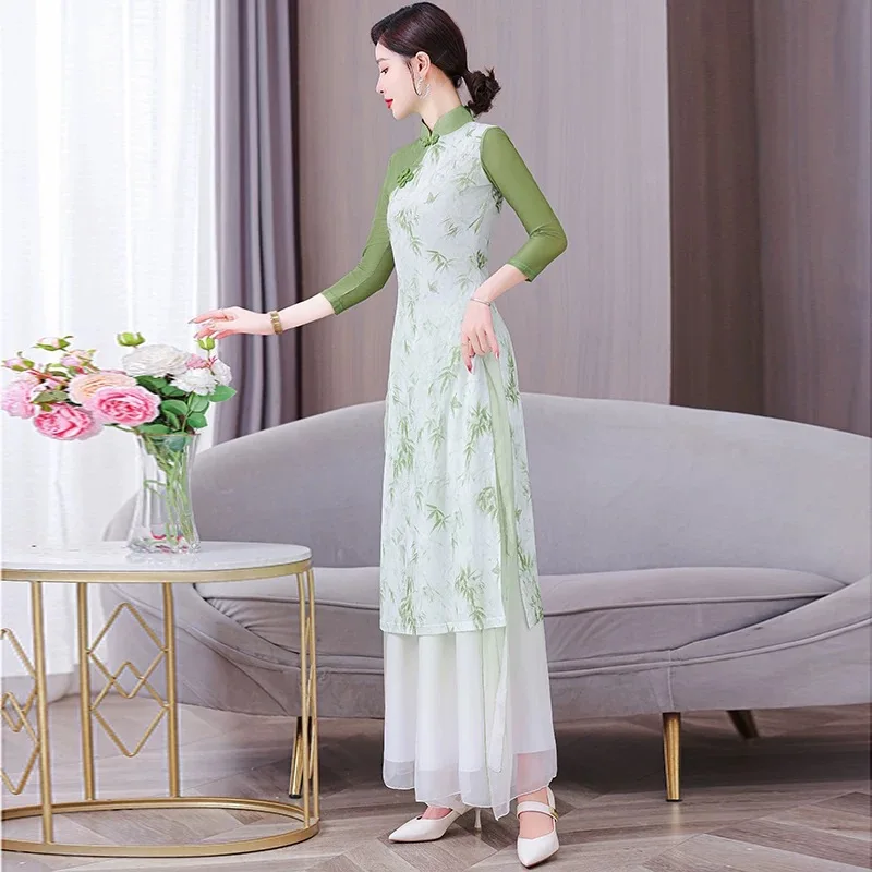 الصيف النساء التقليدية فيتنام شيونغسام دعوى الشرقية المطبوعة مأدبة مساء فستان الرقص مرحلة أزياء مسرحية