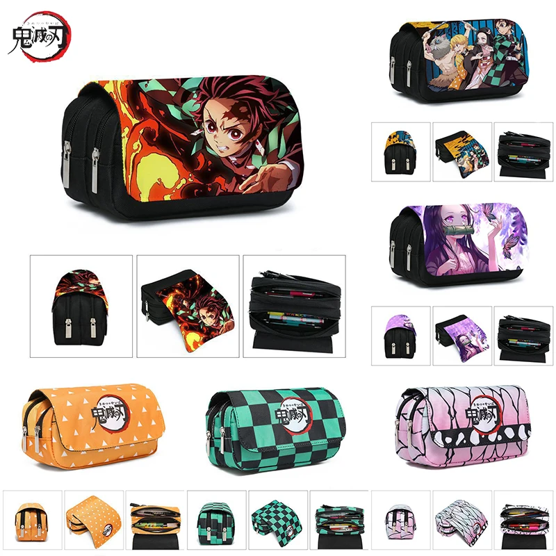 Sac à crayons Anime Demons Slayers Kimetsu No Yaiba, grande capacité, double fermeture éclair, boîte de papeterie en toile, sac de rangement pour portefeuille Kawaii