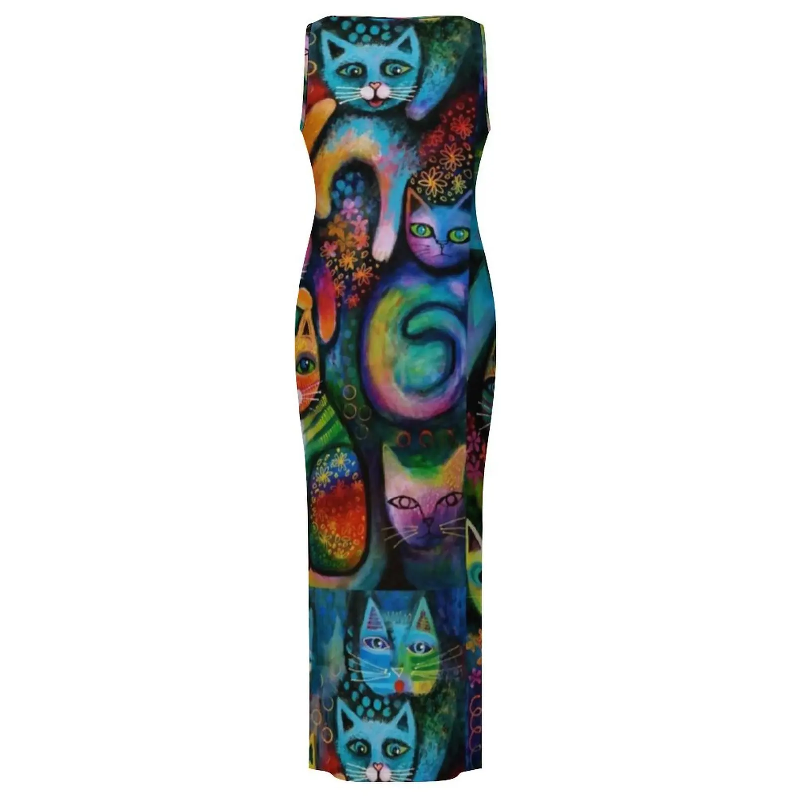 บทคัดย่อแมวชุดแขนกุดสายรุ้งแมว Acrylics อินเทรนด์ Maxi ชุดวันหยุด Y2K แฟชั่นรูปแบบชุด Bodycon 2XL 3XL 4XL