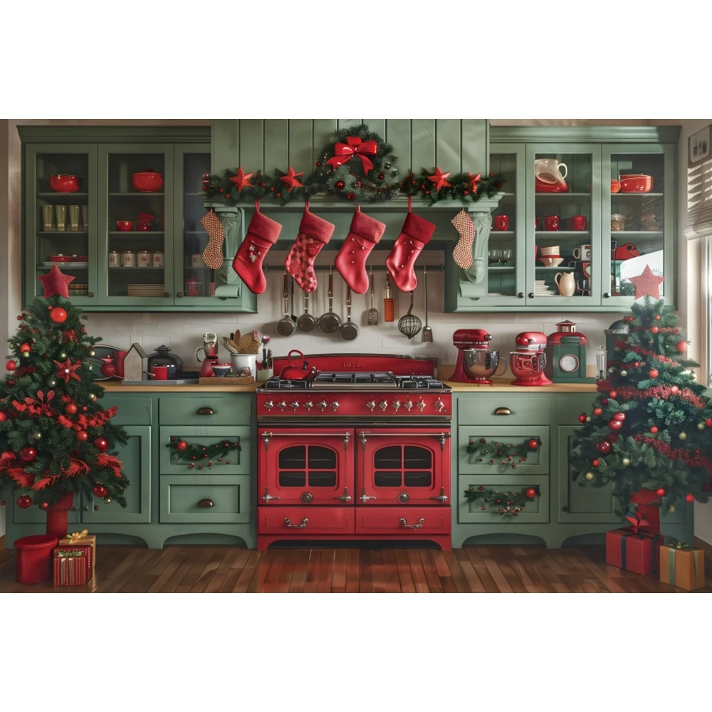 Christmas Kitchen Photography Background Garland Cabinet Xmas Tree Party Decoration Supplies Family Portrait Studio Props