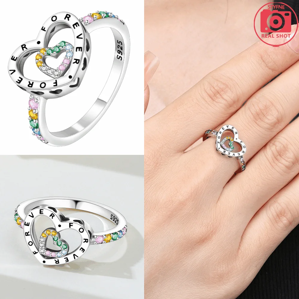 925 Sterling Silber Forever Double Heart Bunte Zirkon-Ringe für Damen, passende Muster-Ringe für Frauen und Mädchen, Schmuck zum Geburtstag