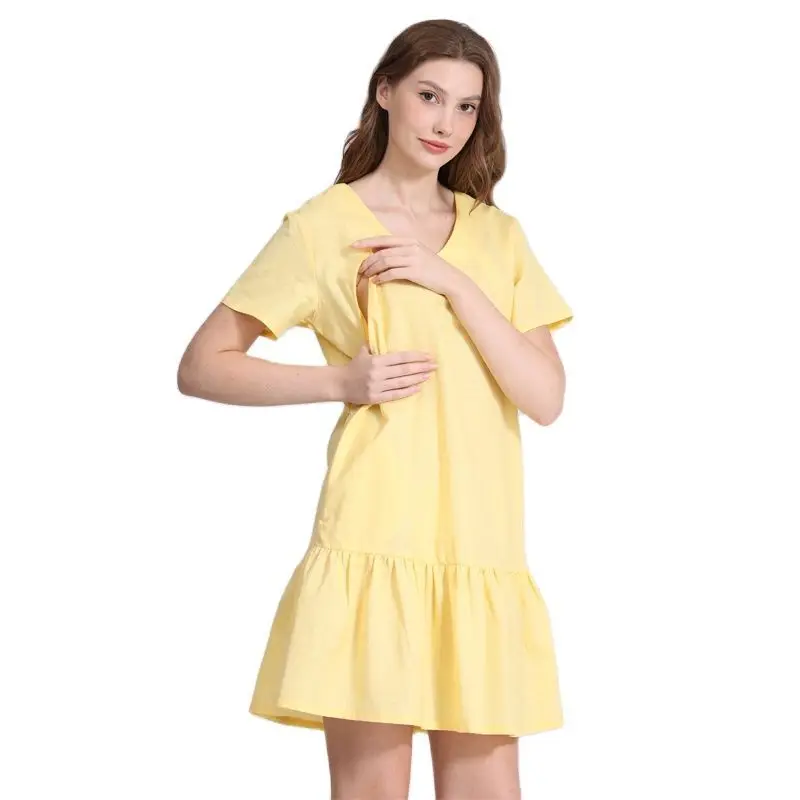 Breathable Cotton Linen Maternity Nursing Dress Plus Size Ruffle Hem Pregnancy & Postpartum Wear