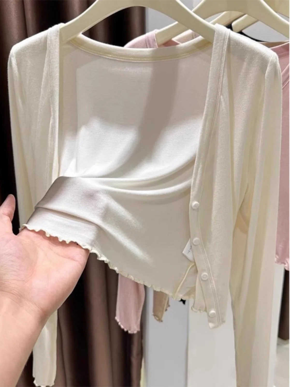 Summer Thin Elastic Ice Silk Shawl Air Conditioner Shirt Cover up Top Women's New Style with Strap Outer Ice Silk Open Cardigan