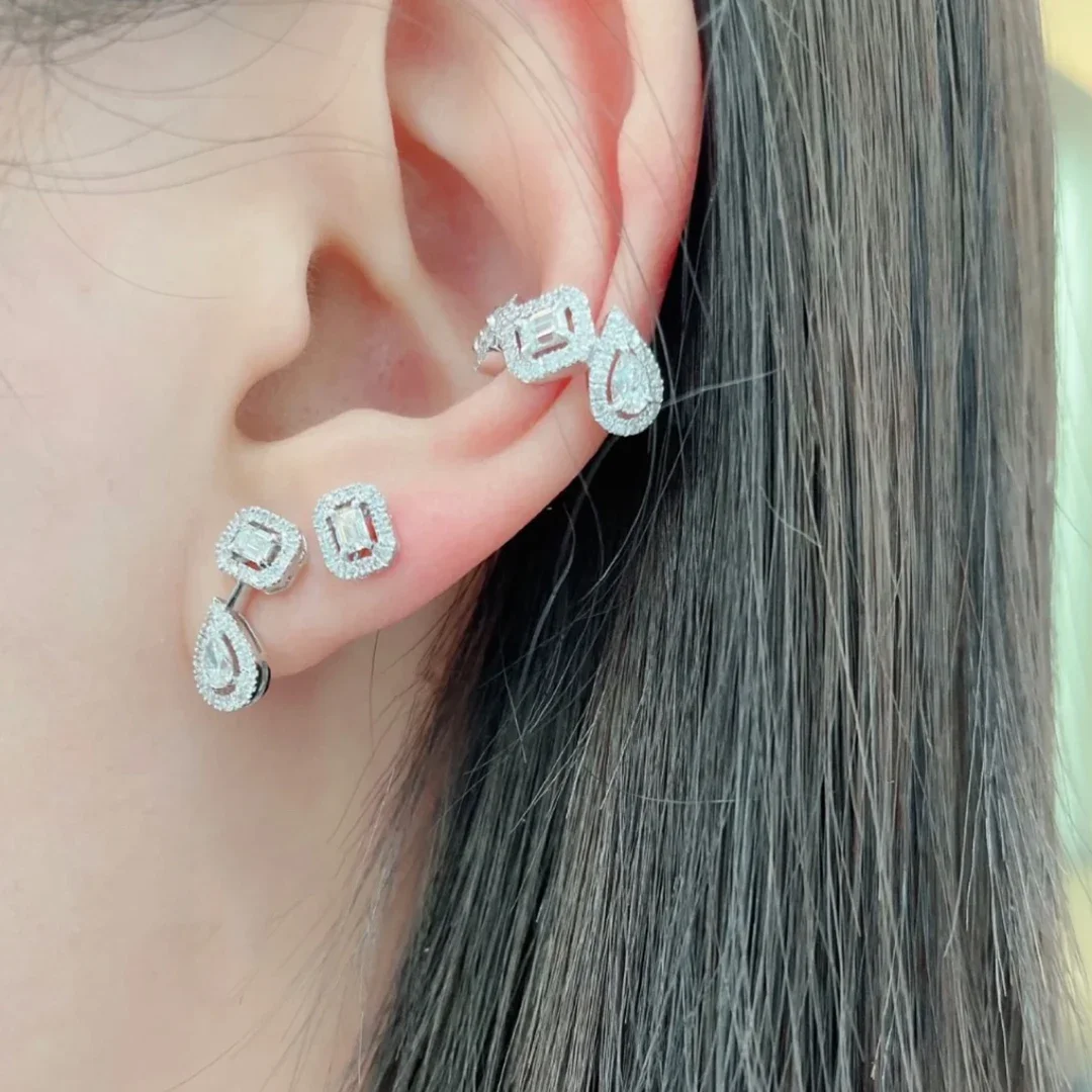 925 Sterling Silver Luxury Jewelry My Twin1+2 Platinum Diamond Women's Mixed Earrings Asymmetric Droplet Blocks