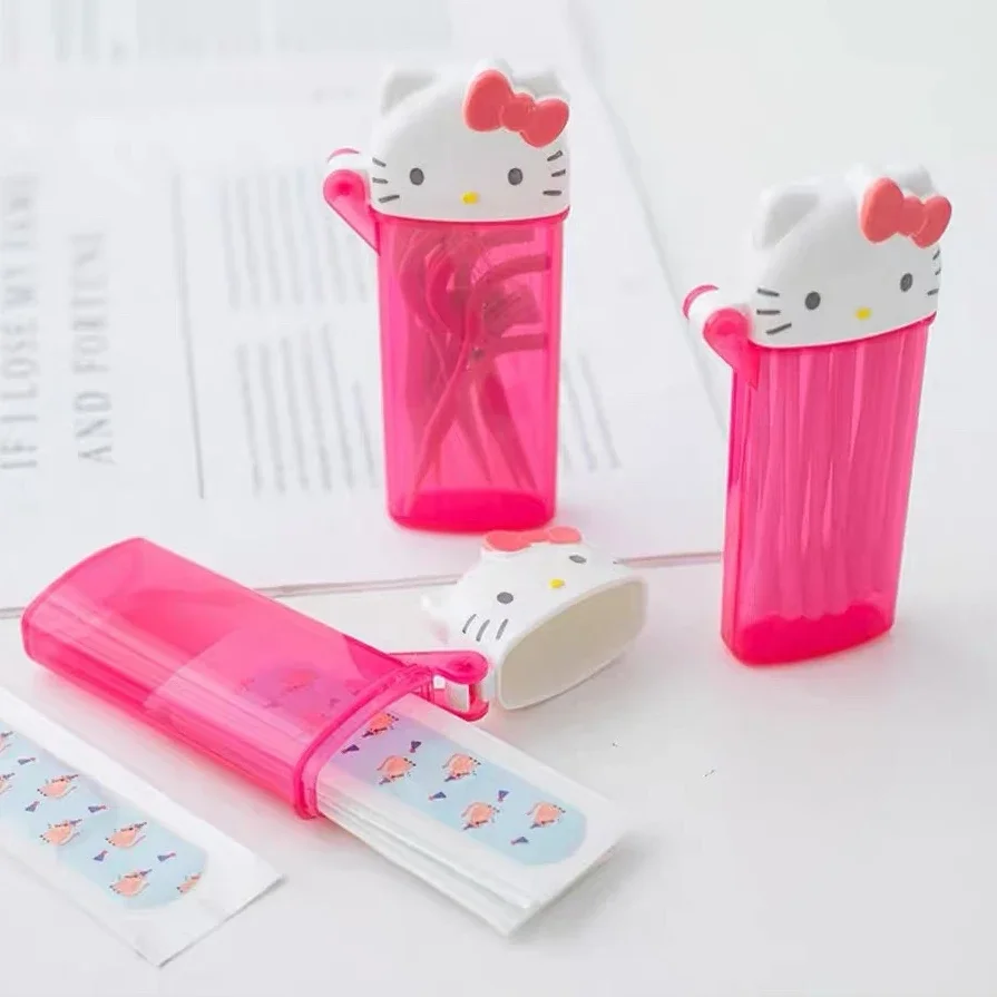 Sanrio Hello Kitty My Melody Portable Band Aid Storage Box Girl Lipstick Touch Up Cotton Swab Cute Cartoon Mini Storage Box