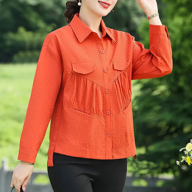 Casual Solid Color Loose Shirt Women\'s Clothing Single-breasted Spring Autumn New Commute Polo-Neck Stylish Folds Spliced Blouse