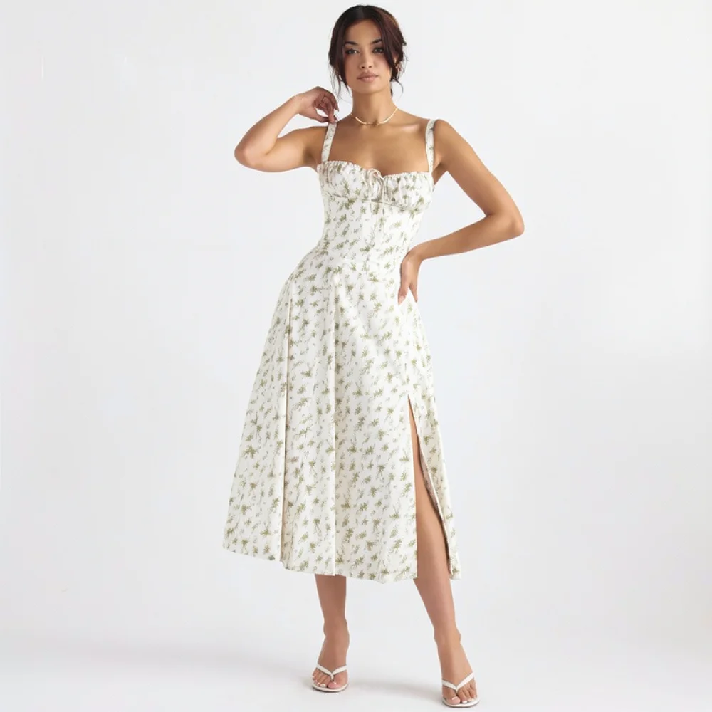 Women Summer Sling Dress Casual Slim Midi Skirt Elegant Commuter Fashion Sleeveless A Line Gown Floral Printed Daily Wear
