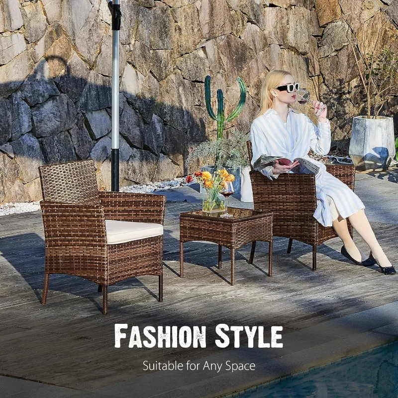 Patio Furniture Set 3 Pieces, Outdoor Furniture With Soft Cushion And Glass Table, All Weather Manual Weaving Wicker