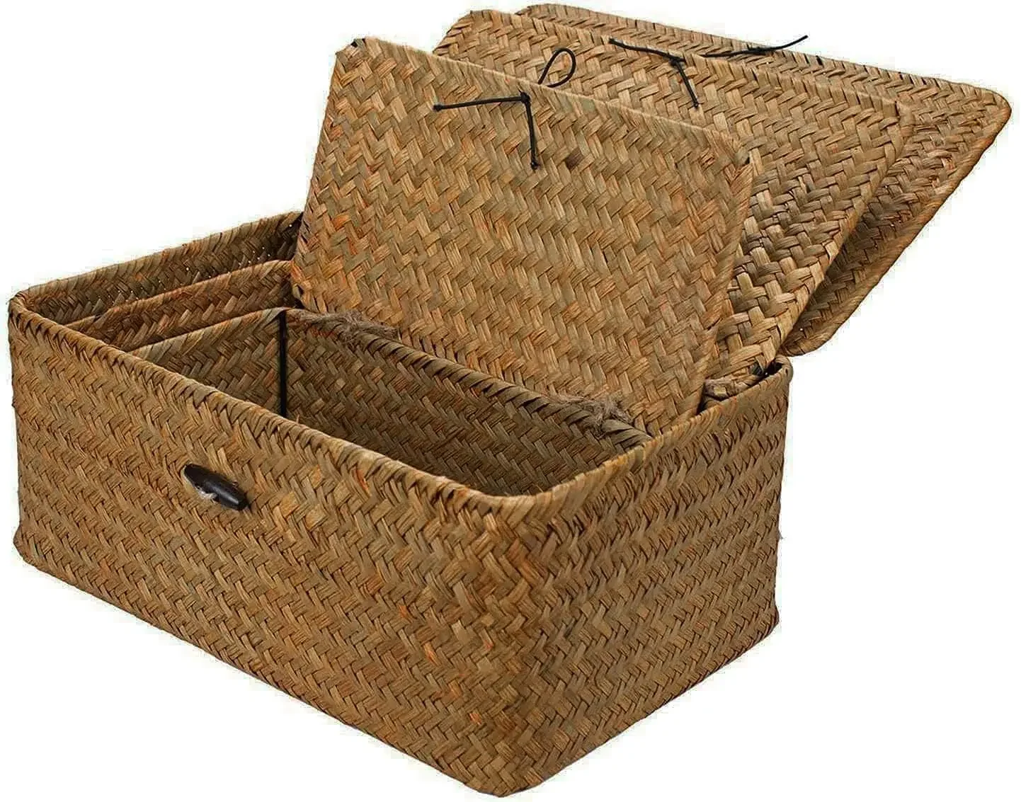 Cestini per scaffali con coperchio Set di 3 scatole portaoggetti in alghe intrecciate a mano cestino in vimini organizzatore per trucco da tavolo