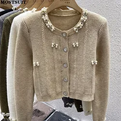 Pearl Beaded Elegant Knit Cardigan Sweater Women 2024 Spring Long Sleeve Single-breasted Tops Stylish Fashion Chic Ladies Jumper