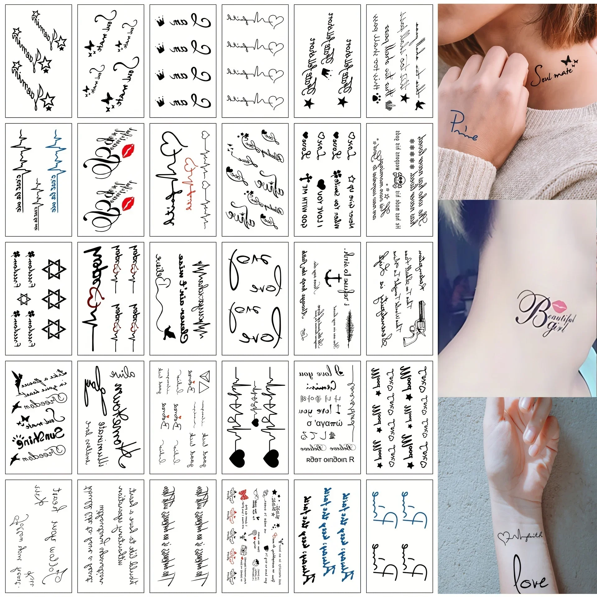 30pcs/set English Words Transfer Tattoo for Women Men Quote Heart Anchor Sentences Star Lip Tattoos Sticker Wrist Finger Ankle