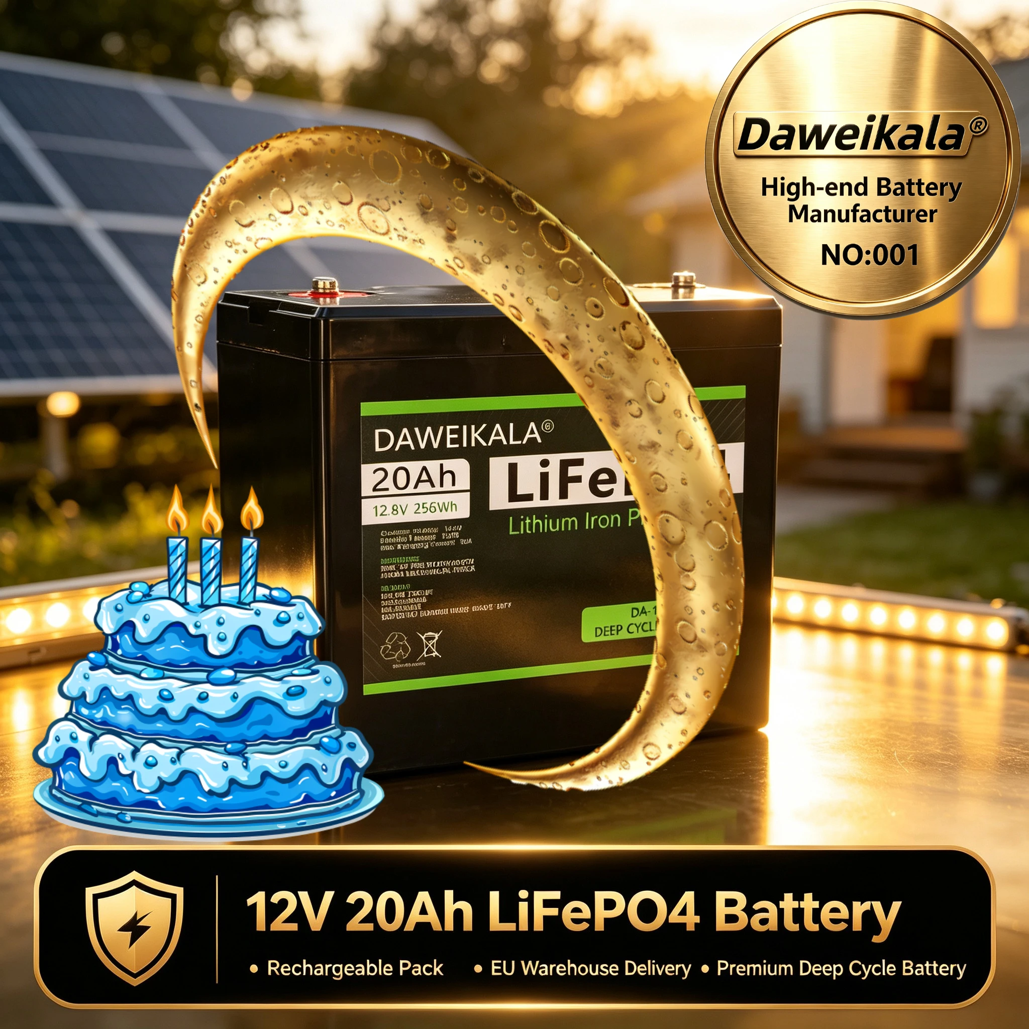 Daweikala - Batteria ricaricabile LiFePO4 al litio ferro fosfato da 12V 20Ah, batteria al litio a ciclo profondo con BMS integrato da 30A, batteria di accumulo a bassa autoscarica per sistemi di
