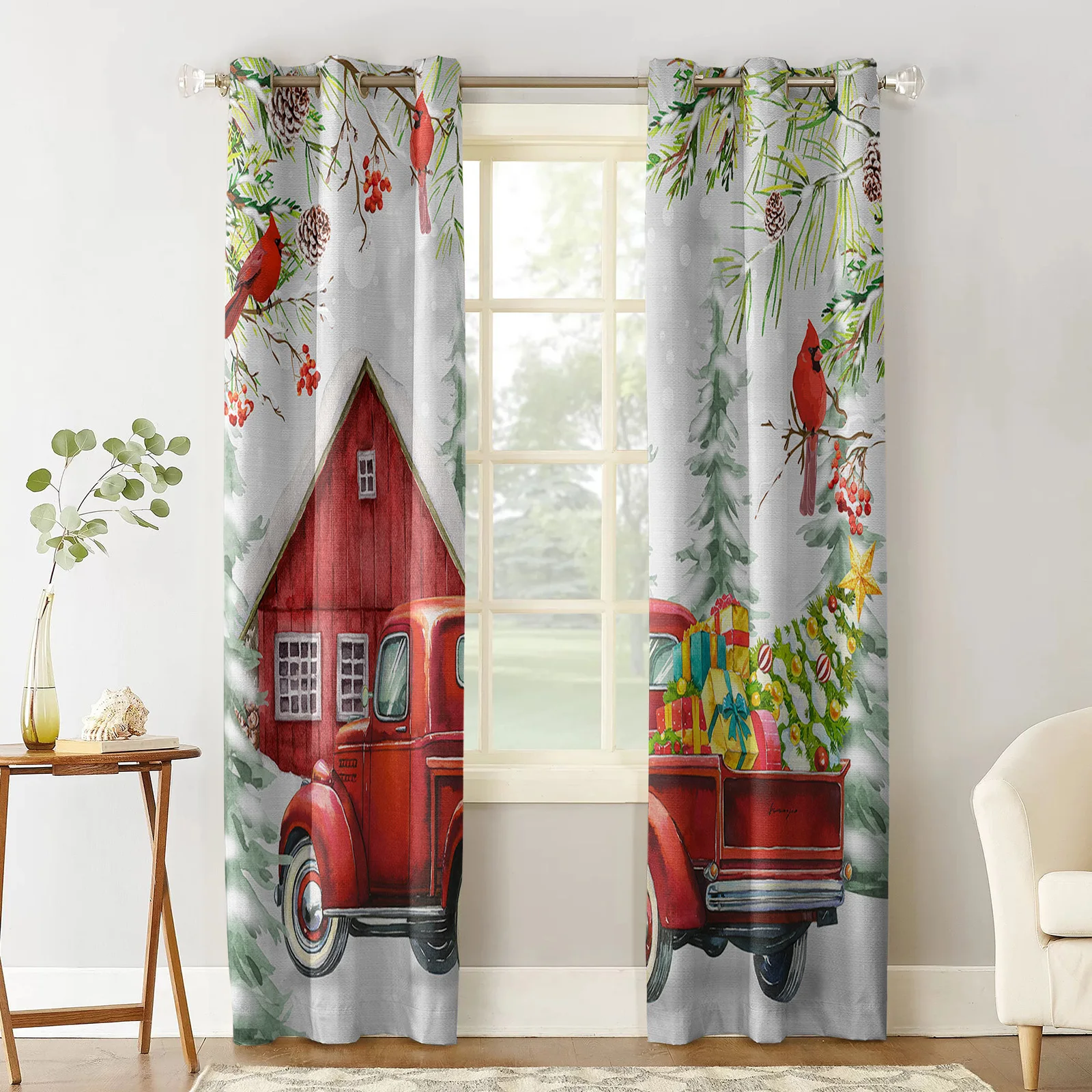 Christmas Truck Berries Snow Cardinal Window Curtain Made Finished Drapes Home Decor Kids Room Window Treatments Curtains