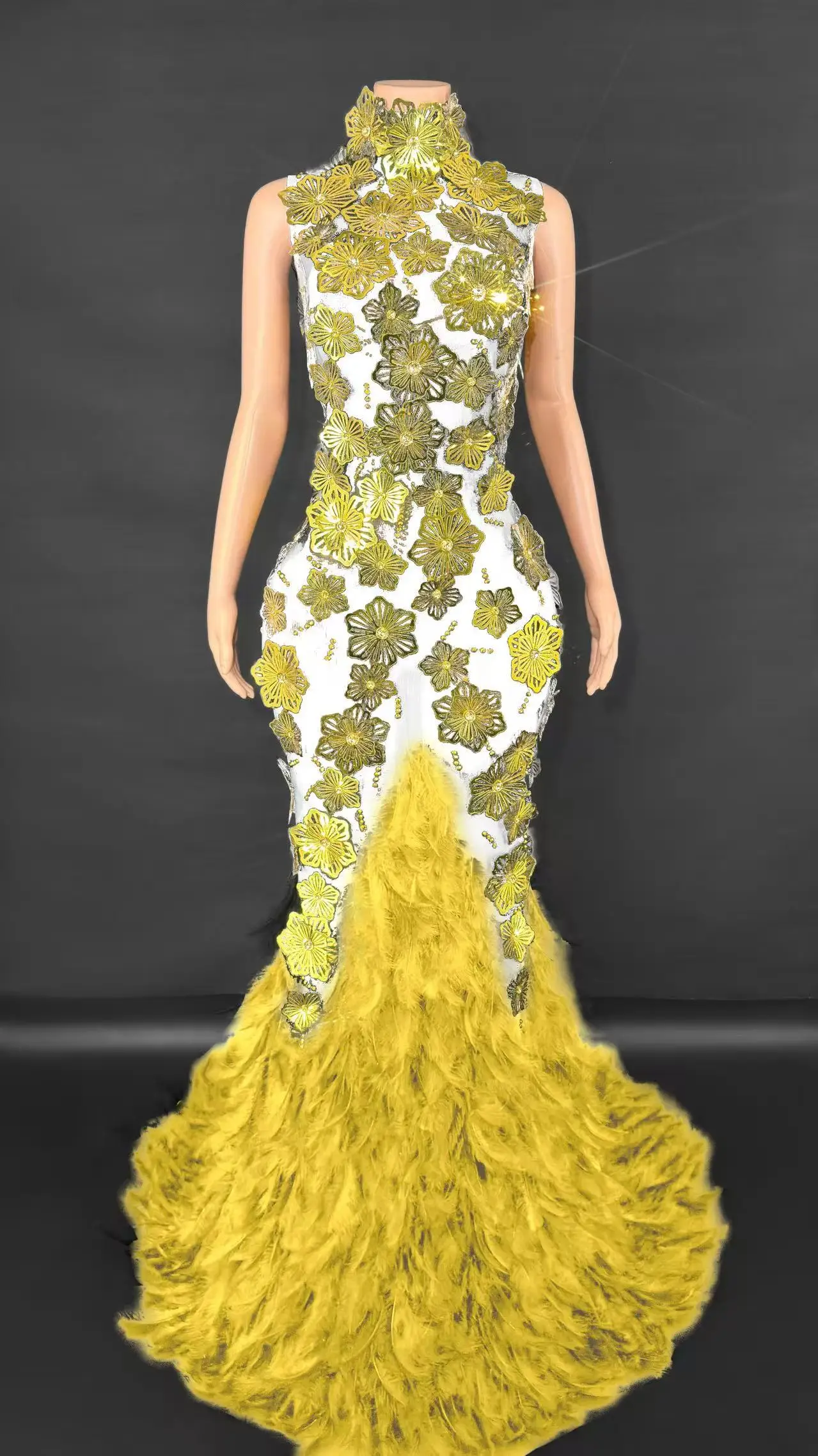 ZD Singer Club Stage لامعة حجر الراين الريش النسيج فستان الزفاف مساء ثوب الحفلات #4