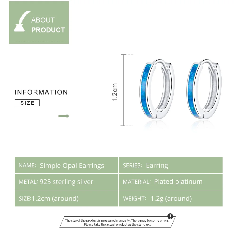 WOSTU Real 925 Sterling Silver Simple Opal Hoop Earrings Blue Circle Earrings For Women Original Silver 925 Jewelry CQE992