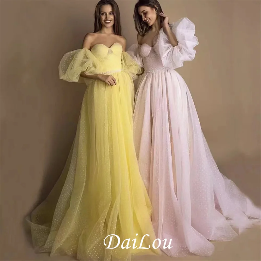 

New Arrival Sweetheart Detachable Short Sleeve Beads Belt Pink Tulle A-Line Evening Dresses Yellow Prom Gowns Robe De Soiree