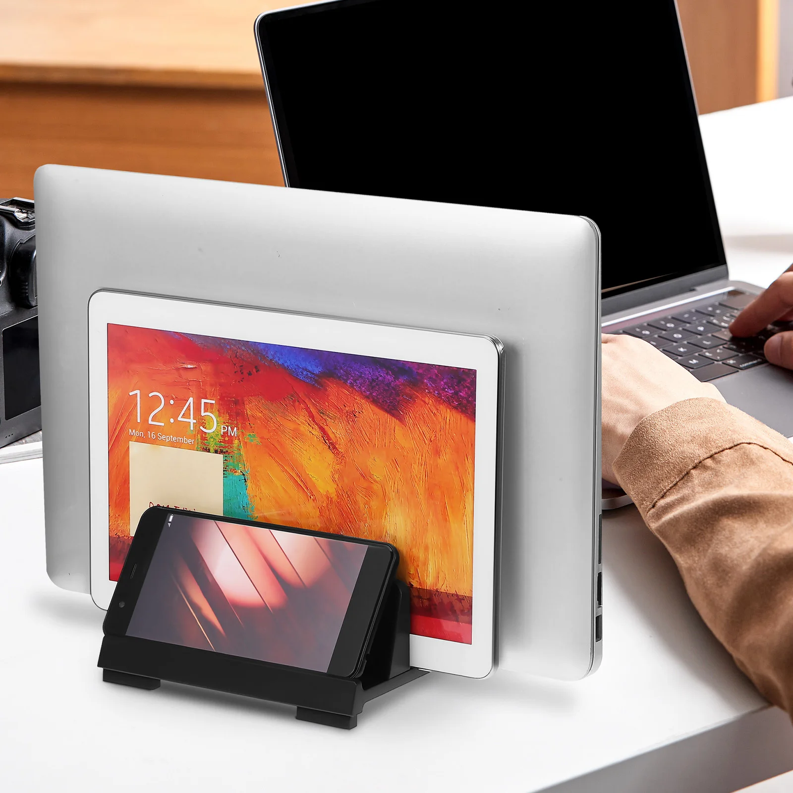 حامل عمودي للكمبيوتر المحمول قابل للتعديل بفتحة مزدوجة حامل كمبيوتر محمول يدعم سطح المكتب منظم مكتب العمل مبطن، #5