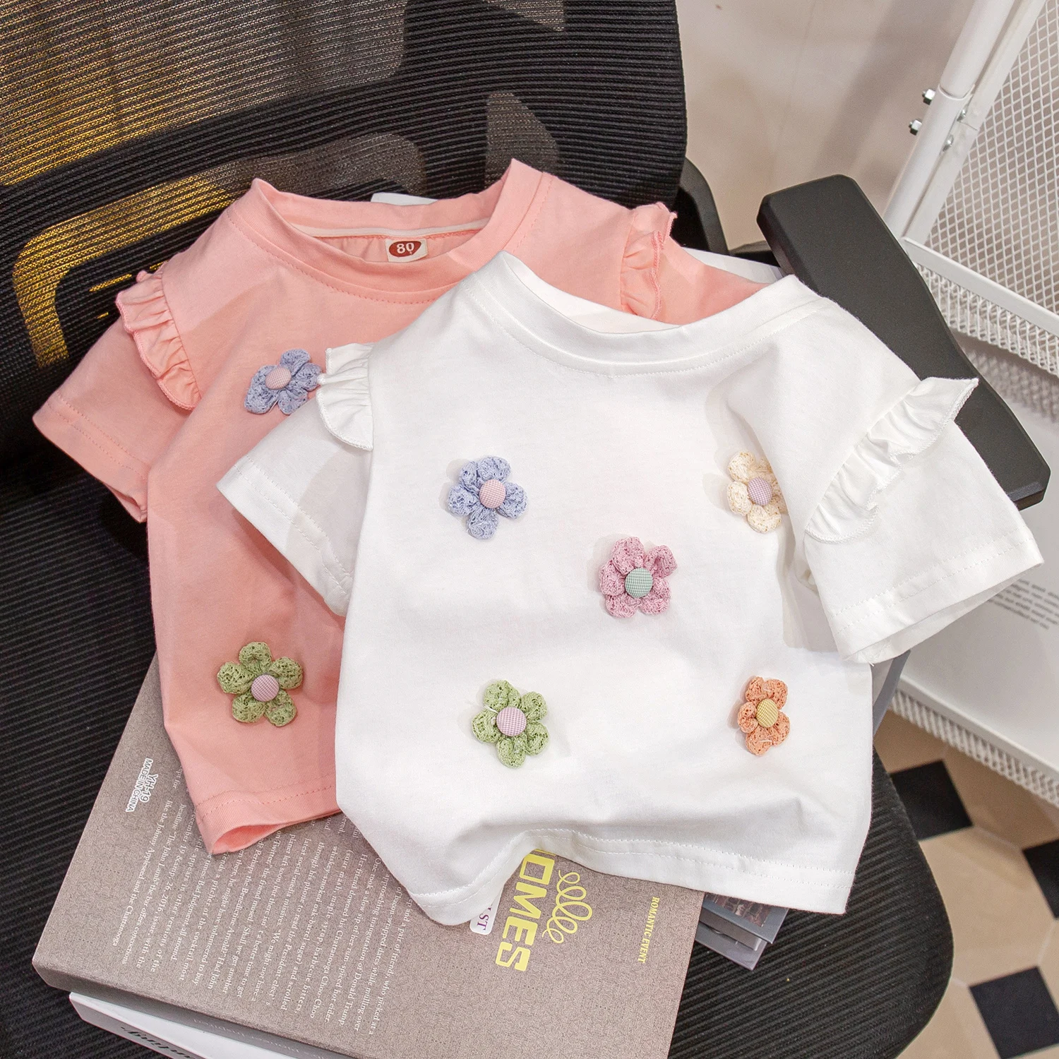

Cute Baby Girls Short Sleeve T-shirt Summer Flowers Round Neck Cotton Tees 1-6Years Old Girls Casual Tops