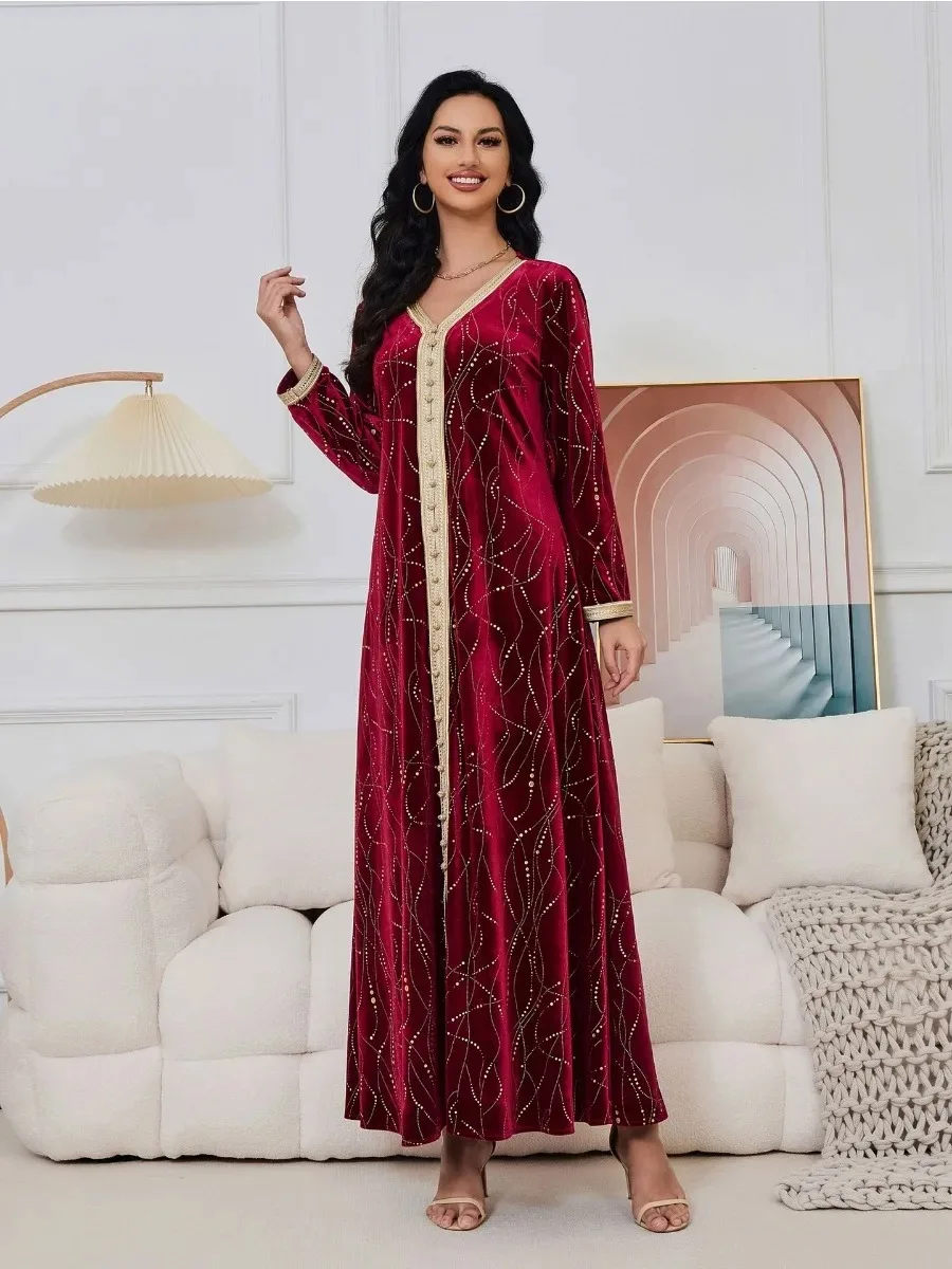 Winter Velvet Muslim Dress Women Abaya Button V Neck Morocco Party Dress Thicken Abayas Kaftan Islam Turkey Arab Long Robe 2024