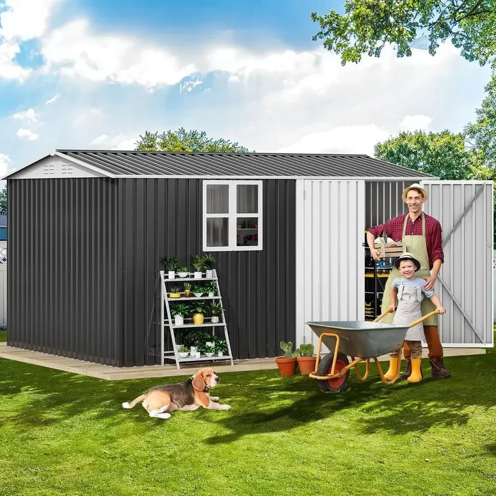 12' x 8' Outdoor Storage Shed - Waterproof Metal Garden Shed with Windows, Lockable Door, and Sloped Roof for Backyard, Lawn, To
