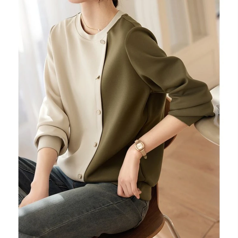 Color Blocked Patchwork Casual 2024 Spring New Women\'s Long Sleeved Simple Commuting Irregular Color Blocked Round Neck Tops