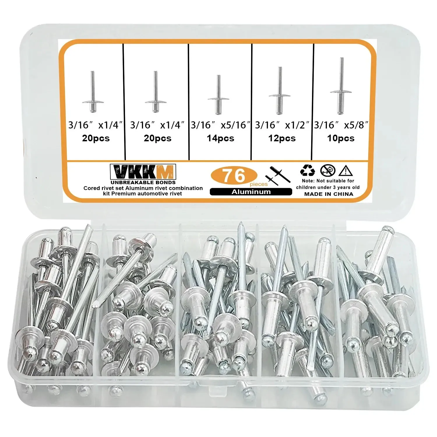 VKKM 76Pcs Pop Rivets Assortment Kit - Aluminum Blind Rivets for Metal Furniture & Automotive, Assorted Fastener Set