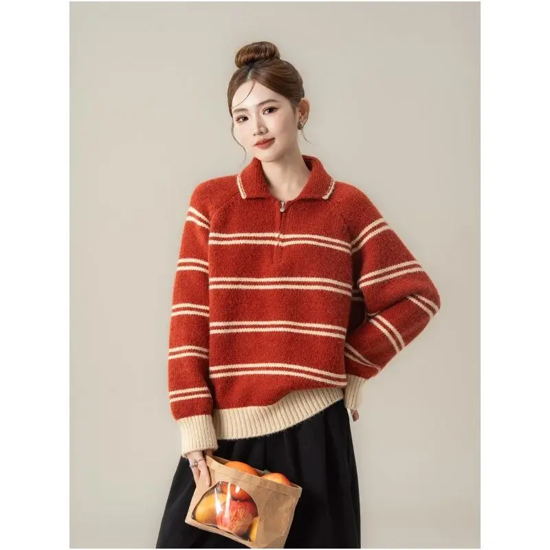 Striped Contrasting Zipper Sweater Women's Autumn And Winter Korean Version Lapel Lazy Loose Pullover Knitted Top