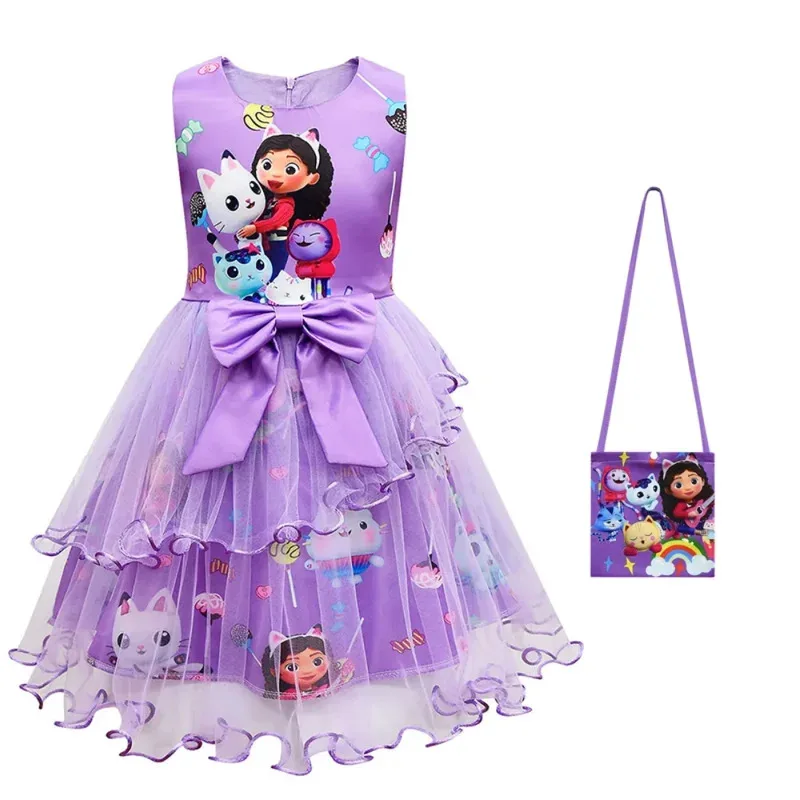 Nuevo disfraz de casa de muñecas Gabbys para niña, vestido de encaje, moda para chico, vestido de princesa con estampado de lazo, ropa tipo túnica para niños