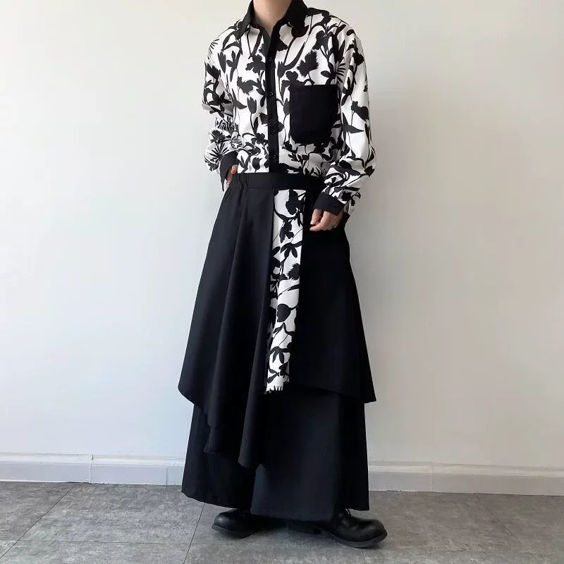 Korean Style Trousers New Men Pantalons Design Casual Streetwear Male Fake Two-Piece Wide Leg Long Pants Man Skirt Pants
