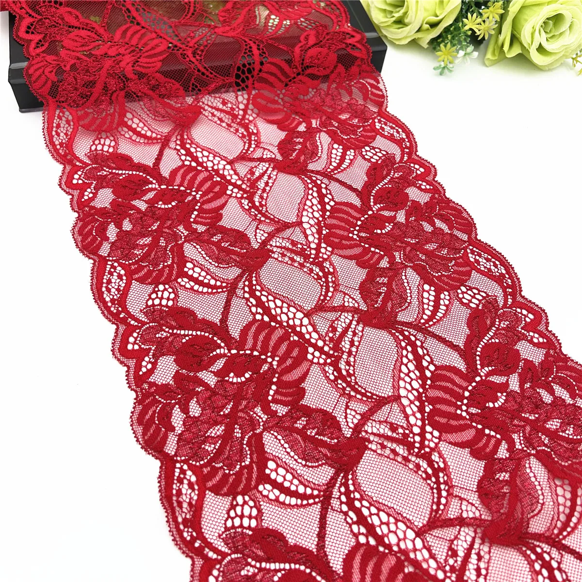 3y/lot Width 23cm Red Shiny Wedding Elastic Stretch Lace Trim Skirt Hem For Clothing Accessories Lingerie Dress Sewing Lace