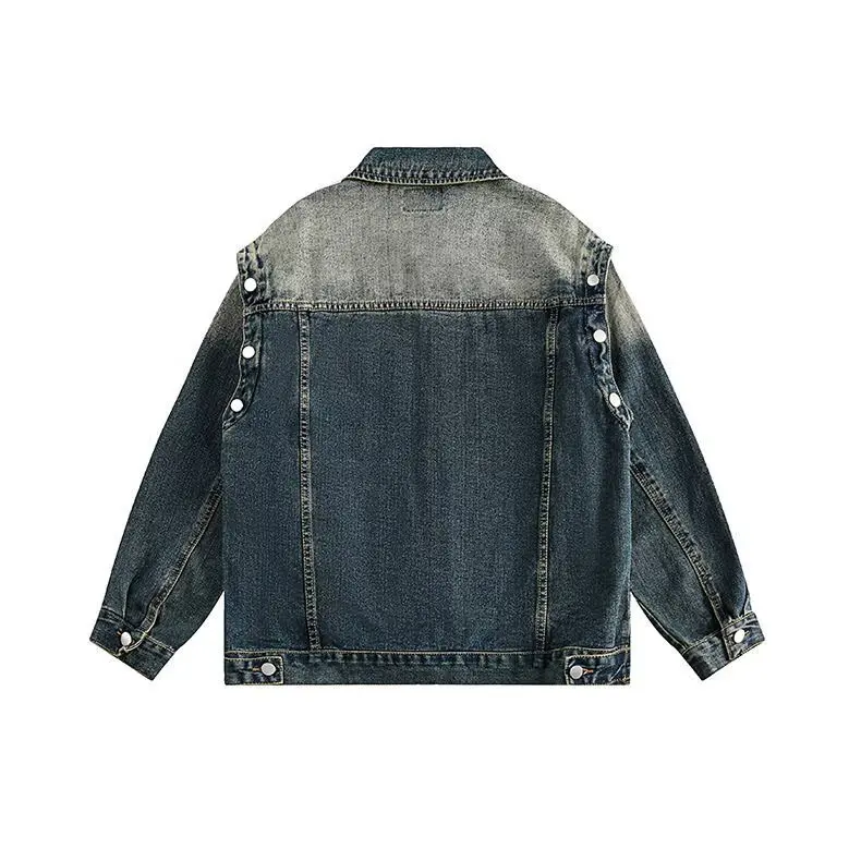 

Retro American Blue Denim Jaet ex Waed Distred Heavy Unique Couple Outerwear High Street Loose Trendy