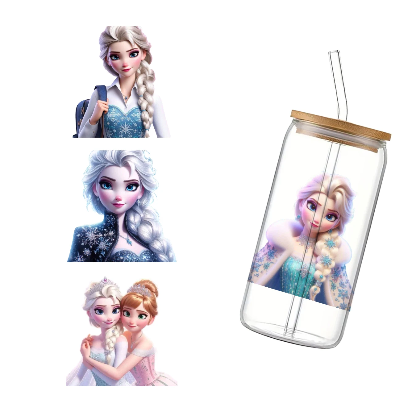 Disney Princess Frozen Elsa Anna For Libbey 16oz Can Glass 3D Waterproof UV DTF Coffee Can Wrap Libbey Glass Wrap 11x11cm